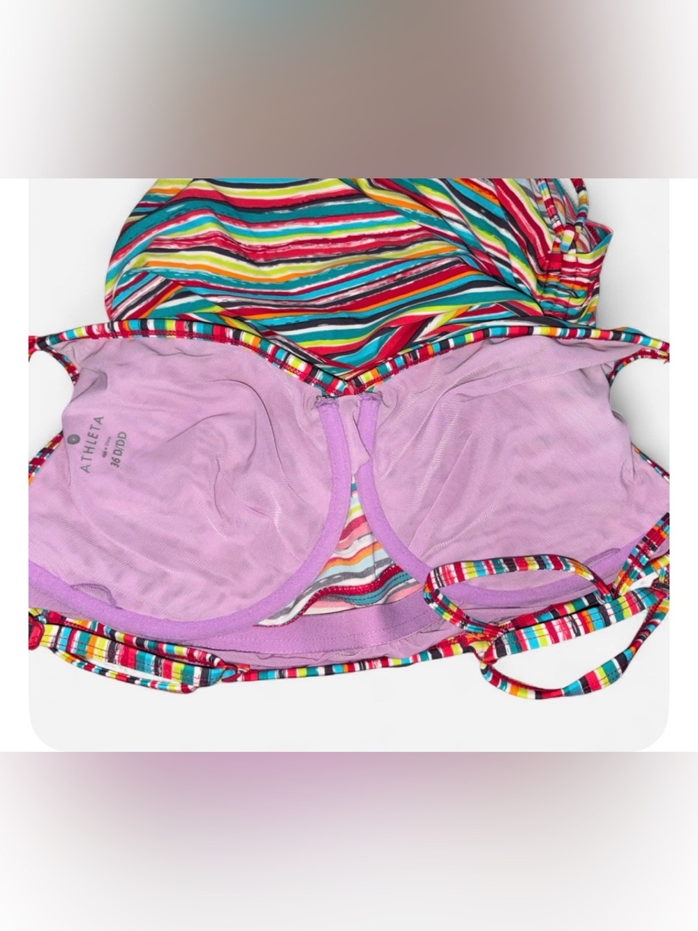 Athleta Colorful Striped Tankini Swim Top Side Tie Ruched Resort 36DD - Picture 4 of 6